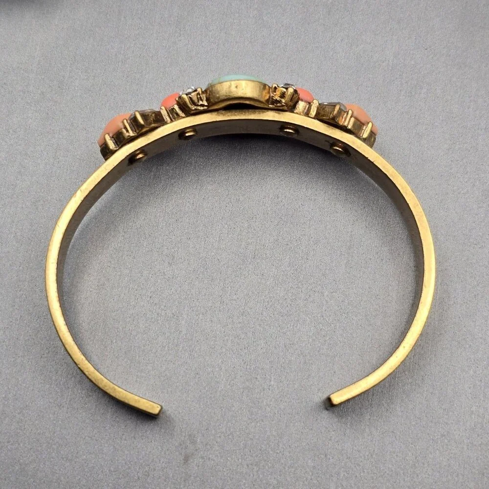 J Crew Antique Gold Tone Cuff Bracelet Faux Coral & Turquoise Stones Rhinestones - Picture 7 of 9